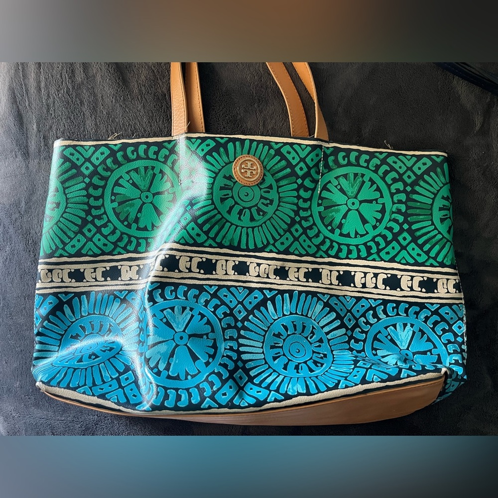 Tory Burch Green and Blue Patterned Tote Bag
